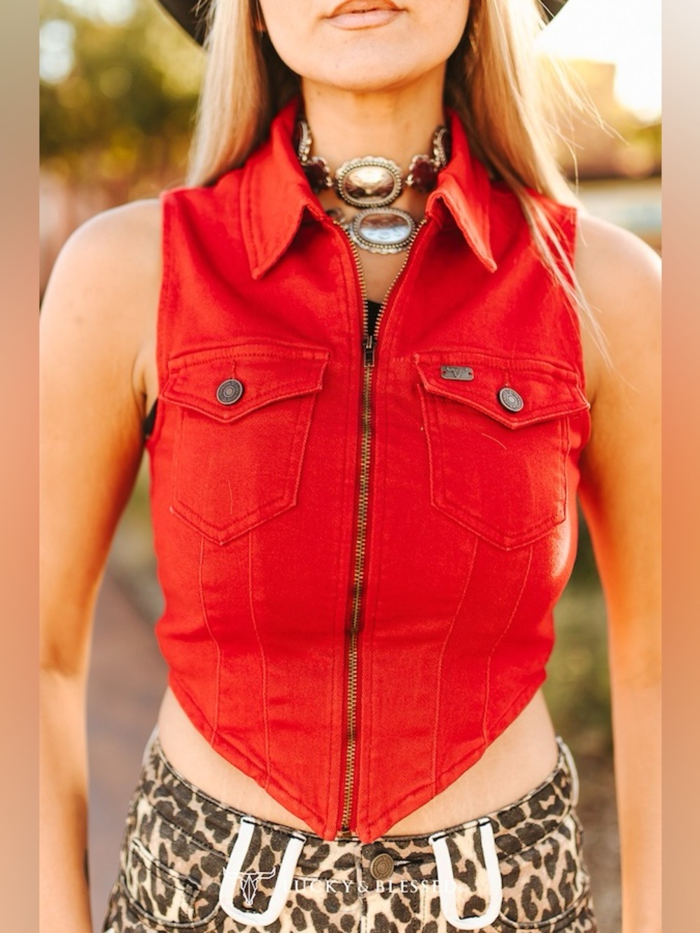 Lucky & Blessed Red Stretch Denim Western Collared Zip Front Vest